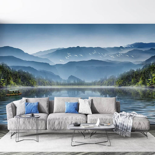 Chinese Ink Wash Landscape Wallpaper Mural: Serene Mountains, Lakes & Flying Egrets – Zen Decor for Living Room & Bedroom