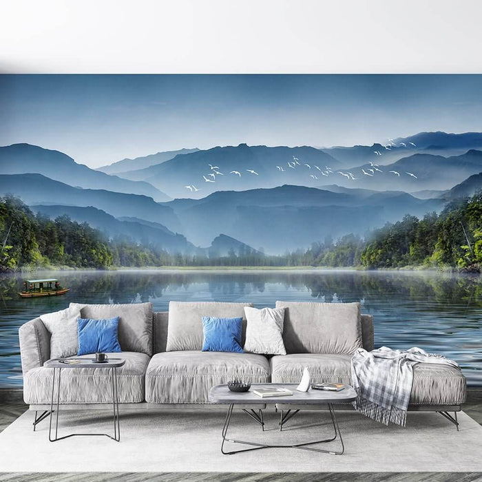 Chinese Ink Wash Landscape Wallpaper Mural: Serene Mountains, Lakes & Flying Egrets – Zen Decor for Living Room & Bedroom