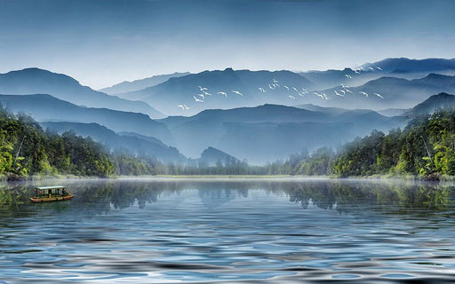 Chinese Ink Wash Landscape Wallpaper Mural: Serene Mountains, Lakes & Flying Egrets – Zen Decor for Living Room & Bedroom