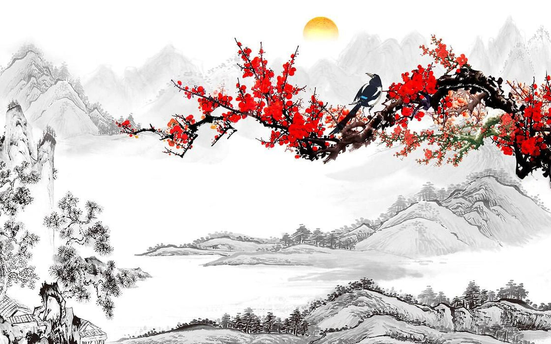 Chinese Ink Plum Blossom & Mountain Landscape Wallpaper Mural | Zen Art for Living Room & Bedroom | Tranquil Decor