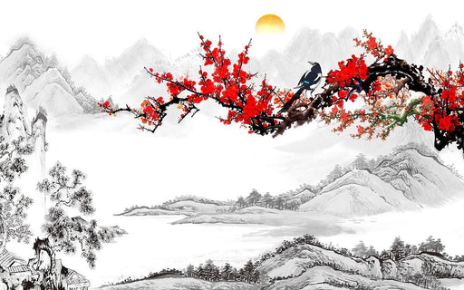 Chinese Ink Plum Blossom & Mountain Landscape Wallpaper Mural | Zen Art for Living Room & Bedroom | Tranquil Decor