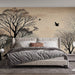 Chinese ink forest wallpaper mural | Black and white silhouette - serene bedroom wall art with trees and birds in ink wash style