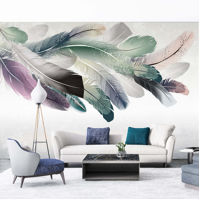 Colorful gradient feather wallpaper mural featuring dreamy feather textures in a stylish living room setting.