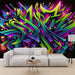 Colorful graffiti wallpaper mural featuring vibrant, neon art backdrop in a stylish living room.