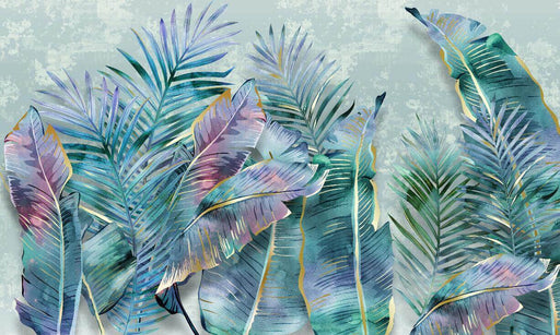 Colorful Palm Leaf Wallpaper | Colorful Tropical Leaf Mural - watercolor-inspired interior decor with blue-green, purple, and gold tropical leaves on light gray texture