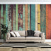 Colorful retro wooden wallpaper decor in a living room with sofa and plants, creating a vibrant atmosphere.