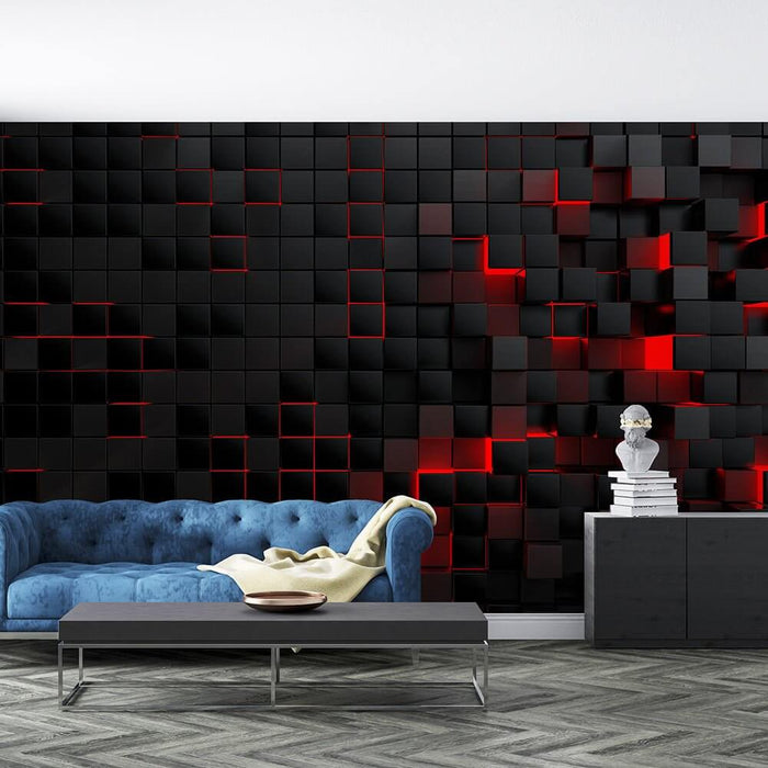 CyberGrid 3D Glowing Wall Panel - Red Tech Illumination showcased on a bold red-accented geometric wall behind a modern living room with blue sofa