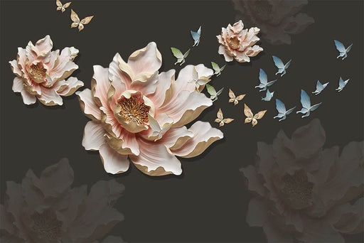 Dark Academia Botanical Wallpaper: Cortisol-Reducing Bedroom Sanctuary featuring 3D embossed botanical blooms and butterflies in a Modern Asian aesthetic