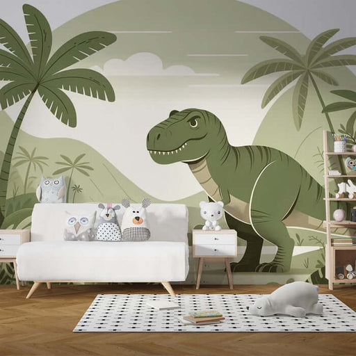 Dinosaur Wallpaper | Children's Room Fun Decoration Mural on green rainy rainforest wall with friendly dino backdrop in a cozy kids' room