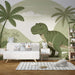 Dinosaur Wallpaper | Children's Room Fun Decoration Mural on green rainy rainforest wall with friendly dino backdrop in a cozy kids' room