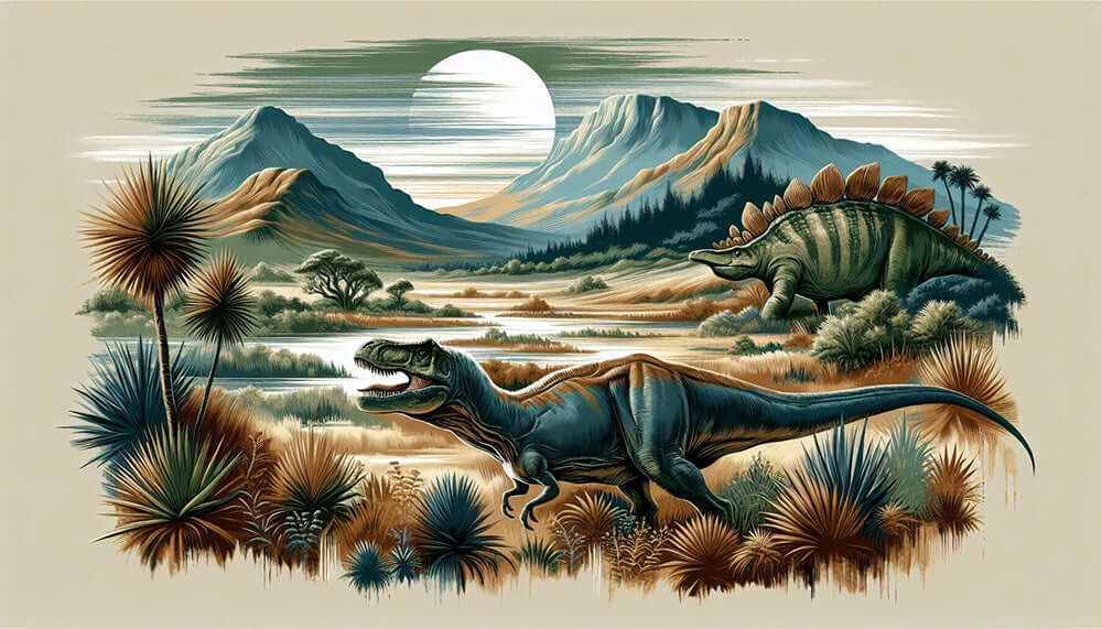 Dinosaur Wallpaper Mural | Children's Room Fun Decorative Wallpaper - retro dinosaur wonderland scene with t-rex and dinosaur in desert landscape, warm tones