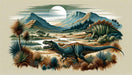 Dinosaur Wallpaper Mural | Children's Room Fun Decorative Wallpaper - retro dinosaur wonderland scene with t-rex and dinosaur in desert landscape, warm tones