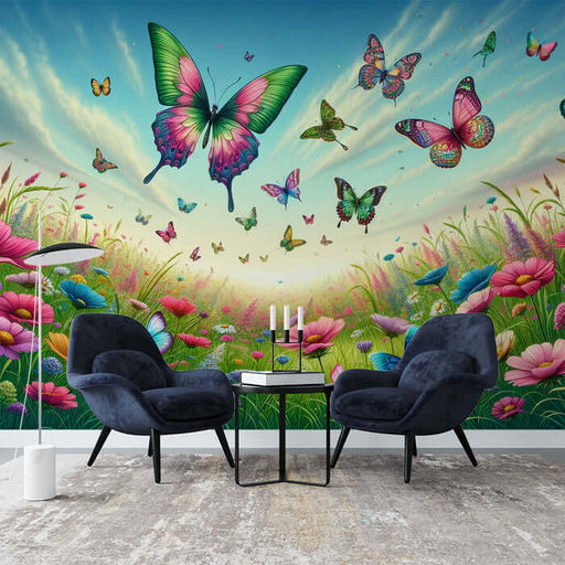 Dreamy Butterfly Flower Sea Wallpaper Mural | Bedroom Living Room Healing Decorative Wall