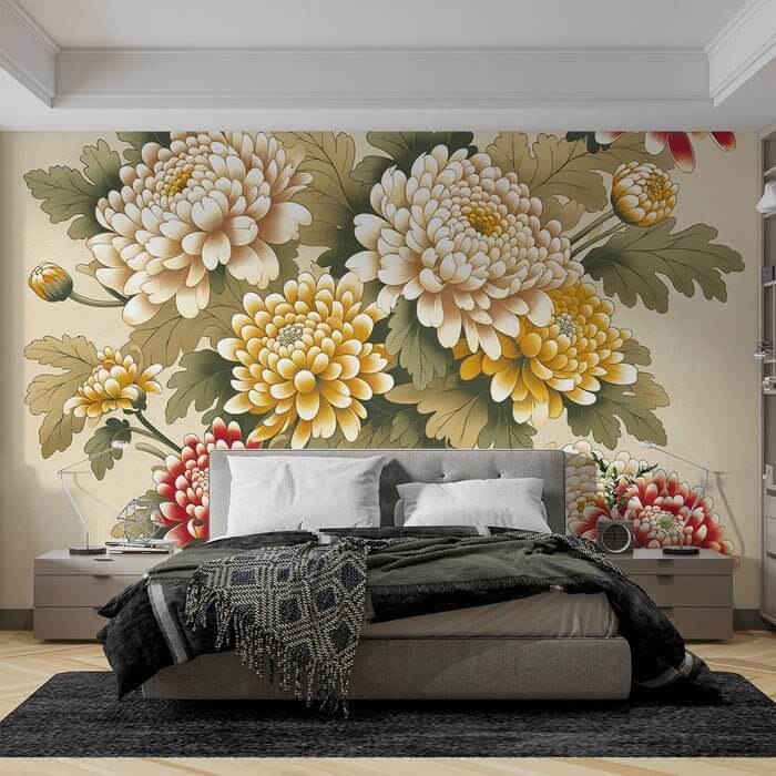 Elegant Chrysanthemum Mural Wallpaper | Traditional Chinese Brushwork Art | Serene Home Décor with bold chrysanthemum blooms and eastern brushstroke style