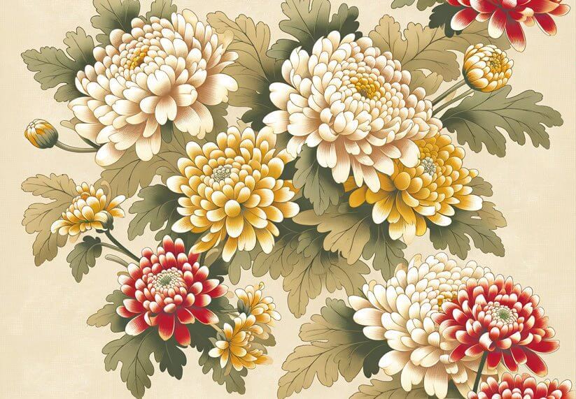 Elegant Chrysanthemum Mural Wallpaper | Traditional Chinese Brushwork Art | Serene Home Décor: chrysanthemum mural with white, gold, red blooms and green leaves in soft-toned background