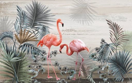 Elegant Flamingo & Tropical Oasis Wallpaper Mural – Serene Pink Accents on Botanical Canvas