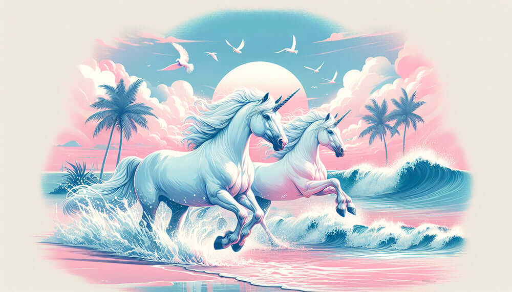 Elegant Unicorn Seaside Wallpaper Mural | Dreamy Wall Decor for Bedroom & Living Room - whimsical blue unicorns galloping along pink seaside waves