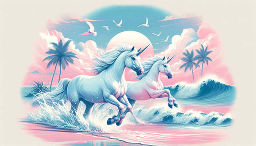 Elegant Unicorn Seaside Wallpaper Mural | Dreamy Wall Decor for Bedroom & Living Room - whimsical blue unicorns galloping along pink seaside waves