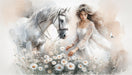 Elegant Watercolor Wallpaper: Dreamy Girl & White Horse in Floral Meadow