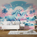 Elegant Unicorn Seaside Wallpaper Mural | Dreamy Wall Decor for Bedroom & Living Room featuring pastel unicorns by the sea with pink-blue sunset, tropical palms, and whimsical coastal backdrop