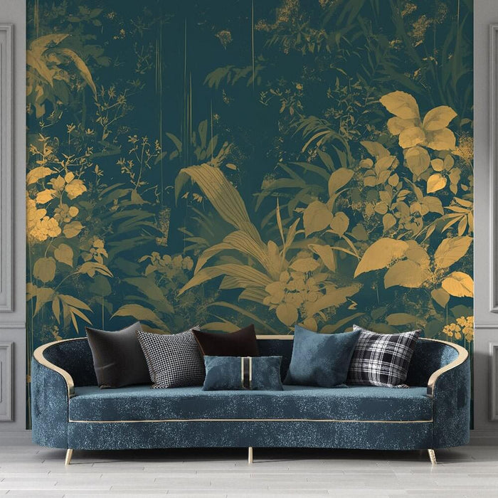 Emerald & Gold Botanical Wallpaper Mural – Vintage Floral Elegance on Deep Green Canvas