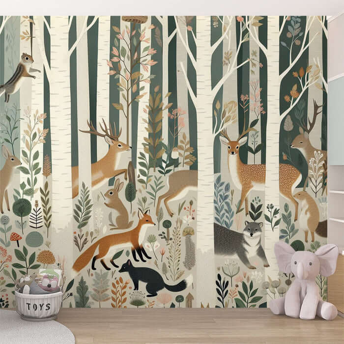 Enchanted Forest Fox Mural Wallpaper – Whimsical Forest Animals