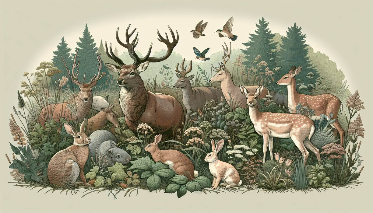 Enchanted Forest Wildlife Wallpaper Mural: Majestic Stag, Fawns & Rabbits in Lush Nature Scene