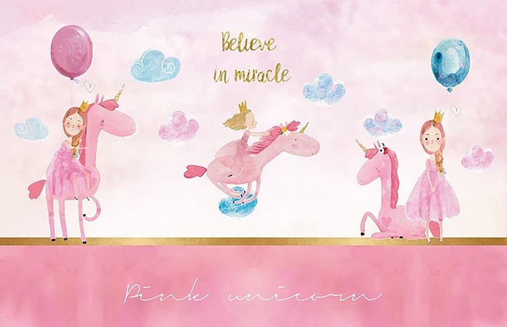 Enchanting Dream Princess & Pink Unicorn Wallpaper Mural – Whimsical Watercolor Kids' Room Decor