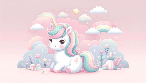 Enchanting Unicorn Wallpaper - Dreamy Rainbow & Cloud Design for a Magical Room featuring a pastel unicorn with rainbow mane among clouds and stars