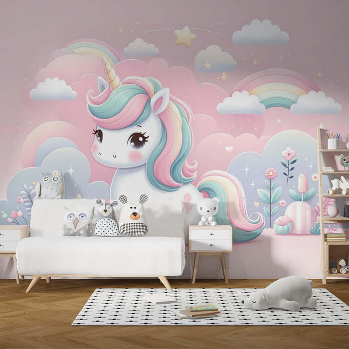 Enchanting Unicorn Wallpaper - Dreamy Rainbow & Cloud Design for a Magical Room image showing a pastel unicorn mural in a dreamy bedroom