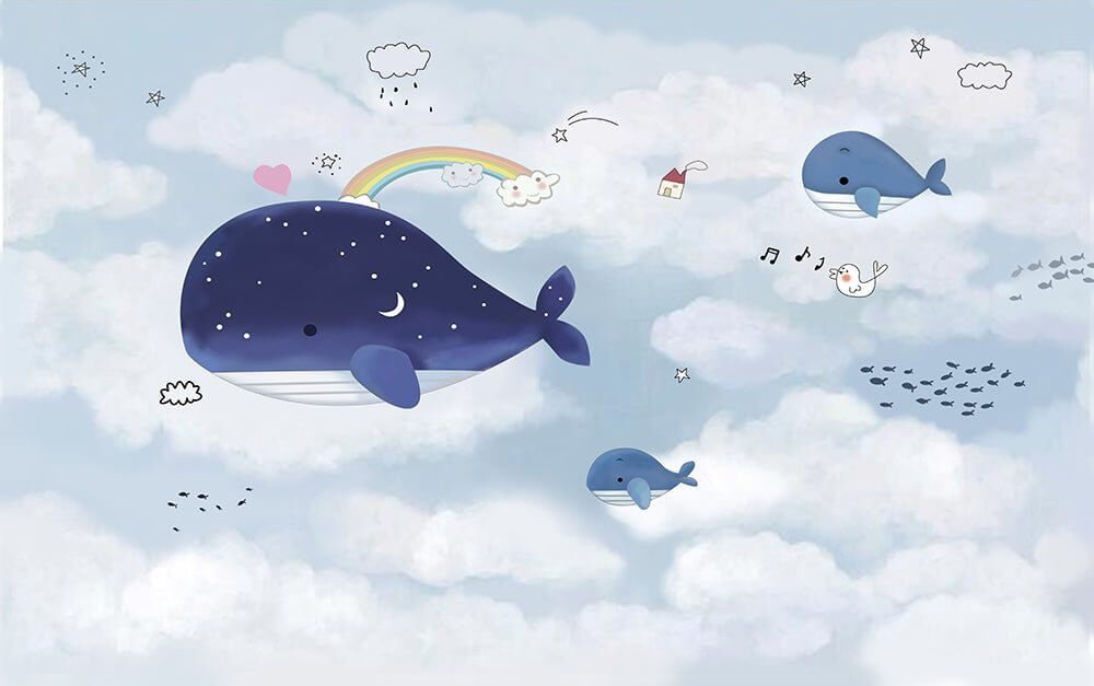 Enchanting Cartoon Whale Wallpaper Mural | Whales, Rainbow & Birds | Nursery & Living Room Decor