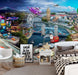 Enchanting Car Adventure Wallpaper: Lightning McQueen & Friends in Dream City - vibrant mural with Lightning McQueen, Mater, London landmarks like Big Ben and Tower Bridge, ferris wheel, cityscape