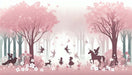 Fairy Tale Forest Elf Wallpaper Mural | Children's Room Bedroom Dreamy Decorative Wall - Pink Sakura Forest with elves and unicorns, dreamy magical decor