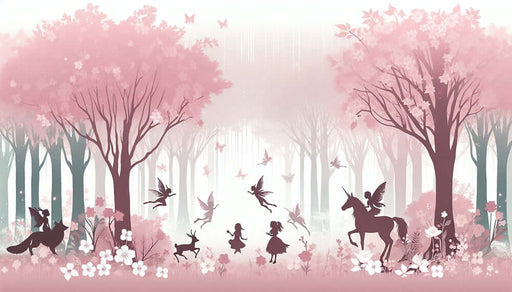 Fairy Tale Forest Elf Wallpaper Mural | Children's Room Bedroom Dreamy Decorative Wall - Pink Sakura Forest with elves and unicorns, dreamy magical decor