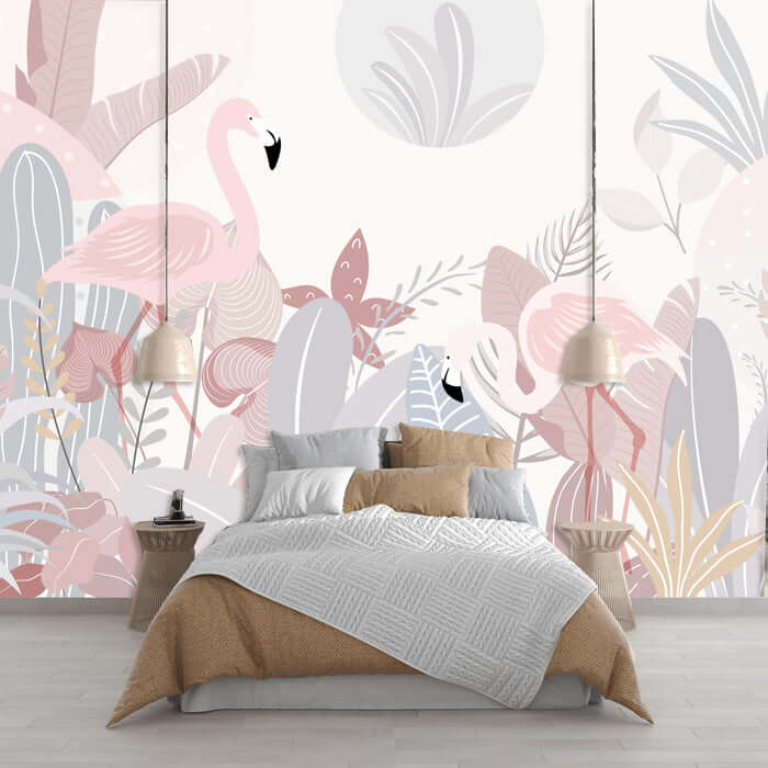 Flamingo Tropical Wallpaper Mural - Elegant Nature-Themed Decor | Pink flamingos and tropical leaves wall mural for serene bedroom or living room decor