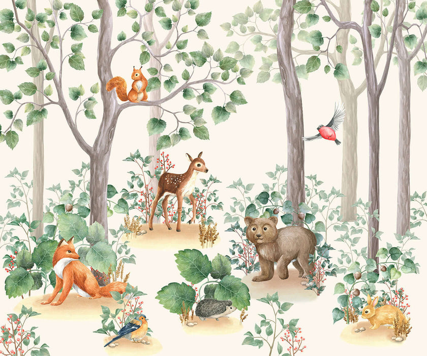 Forest Cute Wallpaper Mural | Children's Room - whimsical forest scene with fox, deer, bear cubs, birds and woodland creatures for a child's room