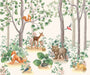Forest Cute Wallpaper Mural | Children's Room - whimsical forest scene with fox, deer, bear cubs, birds and woodland creatures for a child's room