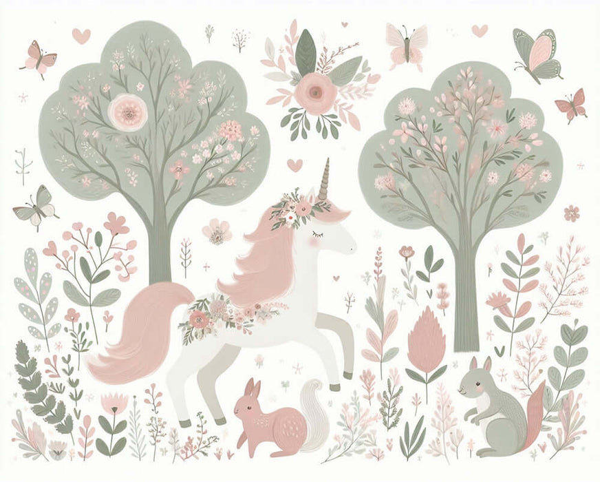 Forest unicorn wallpaper mural | Children's bedroom fairy tale decoration wall