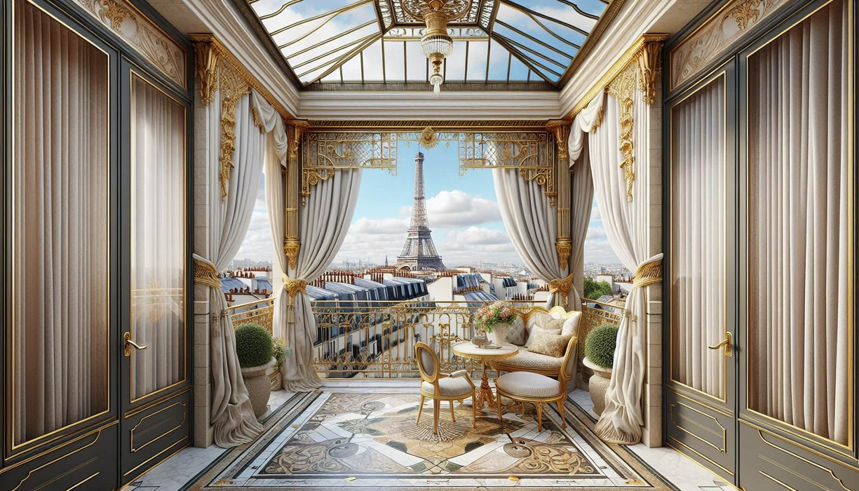 French style wallpaper mural | Eiffel Tower crafted in a luxurious balcony view with blue skies and Parisian elegance
