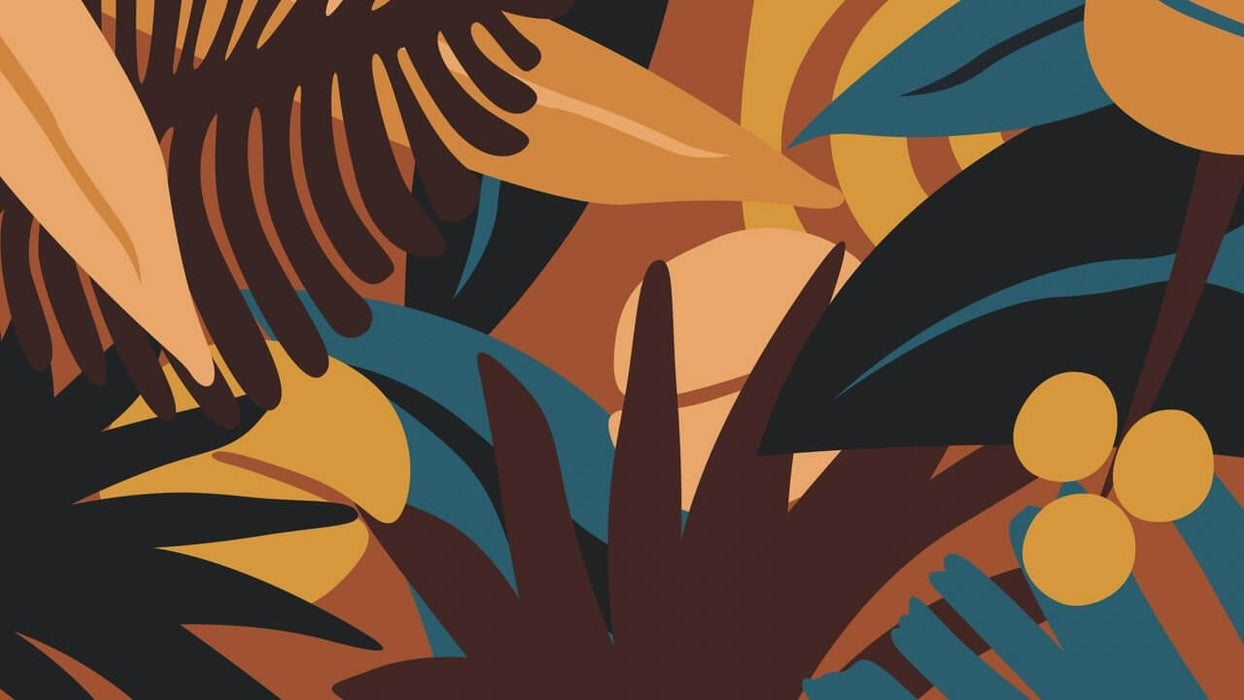 Geometric Tropical Plant Wallpaper Mural | Retro Pop Art in Dark Brown, Yellow & Blue