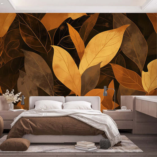 Golden Brown Leaf Wallpaper Mural - Luxury Vintage Texture features autumn-inspired large leaves in golden brown tones creating a refined cozy bedroom backdrop.