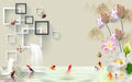 Harmony Waters: Lotus & Koi Chinese Zen Wallpaper Mural — serene koi, lotus and butterflies on a tranquil waterfall backdrop with geometric frames