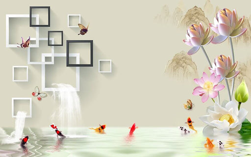 Harmony Waters: Lotus & Koi Chinese Zen Wallpaper Mural — serene koi, lotus and butterflies on a tranquil waterfall backdrop with geometric frames