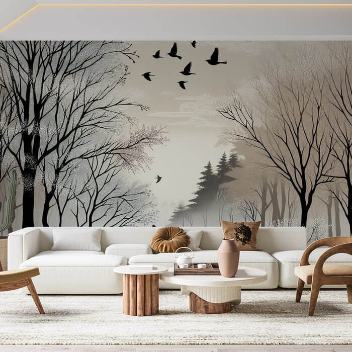 Ink Snow Landscape Wallpaper Mural | Black and White Tree Silhouettes showing snowy forest with birds in flight and minimalist ink brushstrokes (wall mural)