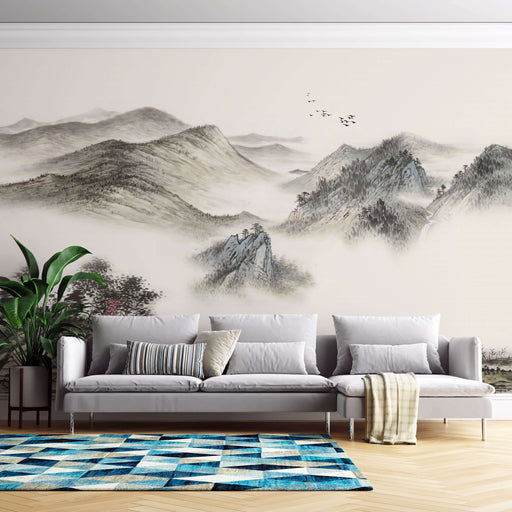 Ink wash landscape mural wallpaper | Chinese style study decoration with artistic conception - serene mountains, mist, and boats in ink wash aesthetic