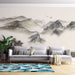 Ink wash landscape mural wallpaper | Chinese style study decoration with artistic conception - serene mountains, mist, and boats in ink wash aesthetic