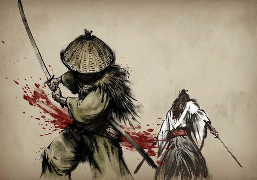Ink wash martial arts style wallpaper mural | Ink splashed swordsman, blood red sword aura