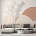 Japandi Wilderness Wallpaper – Minimalist Botanical & Stone Motif in serene living room with soft beige backdrop, botanical sketches and stone-inspired shapes