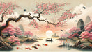 Japanese Cherry Blossom Mural Wallpaper – Serene Lake, Koi Fish & Mountain Landscap