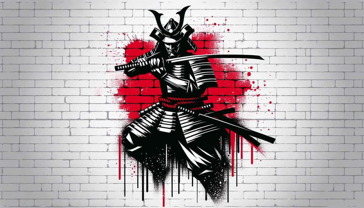 Japanese Samurai Wallpaper Mural | Black, White, and Red - Samurai mural with armor and sword on brick wall, red graffiti splash background